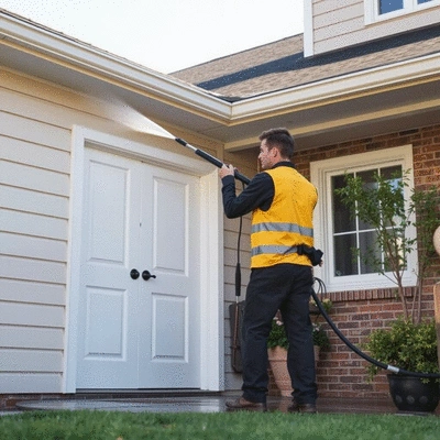 User using power washing equipment on home exterior