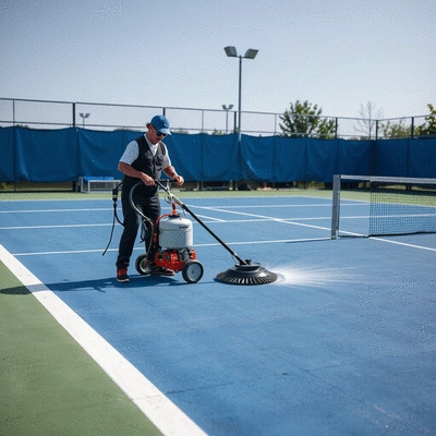 Tennis court cleaning service in action