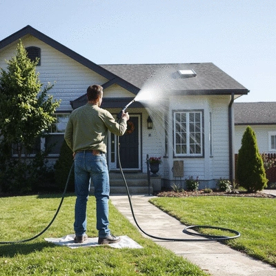 User power washing a house