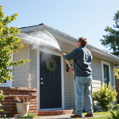 User washing the exterior of a home