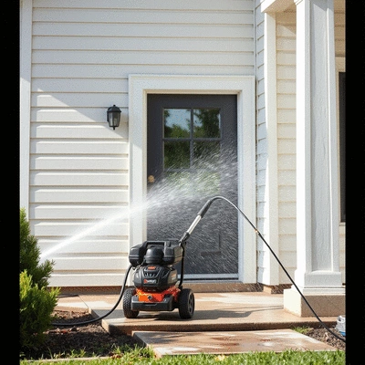 Power washing in action on a home exterior