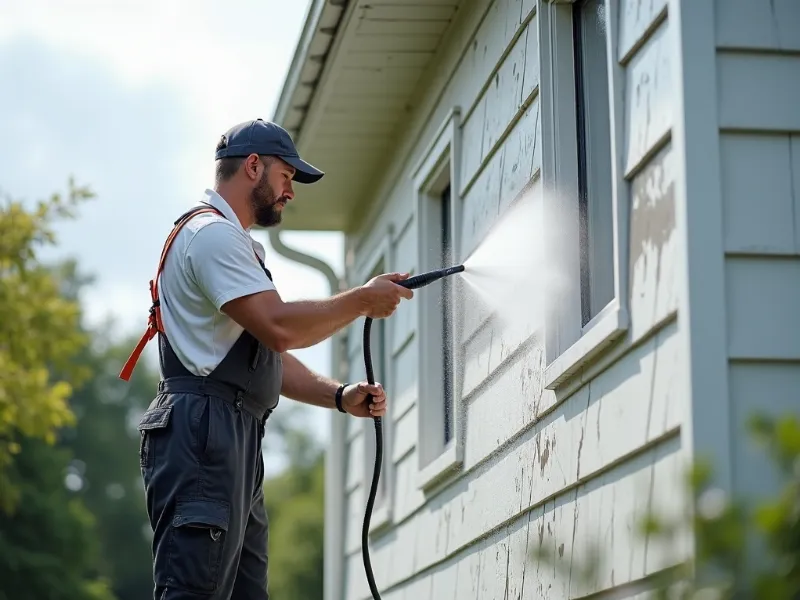 Professional power washing technician cleaning a house with soft wash technique